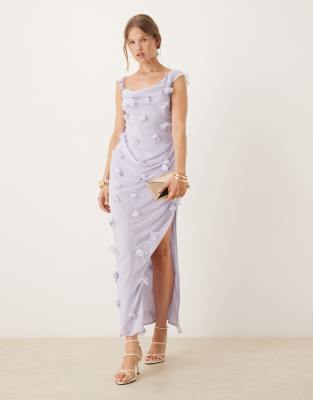ASOS DESIGN 3D flower draped ruffle sleeve midaxi dress with open back in lilac-Purple