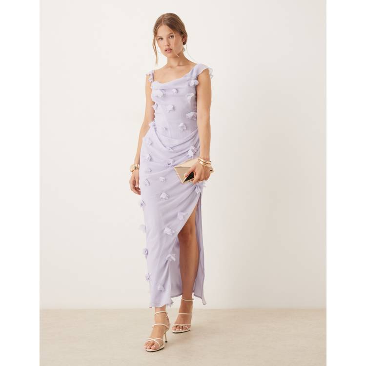 asos purple ruffle dress ASOS DESIGN 3D flower draped ruffle sleeve midaxi dress with open back in  lilac