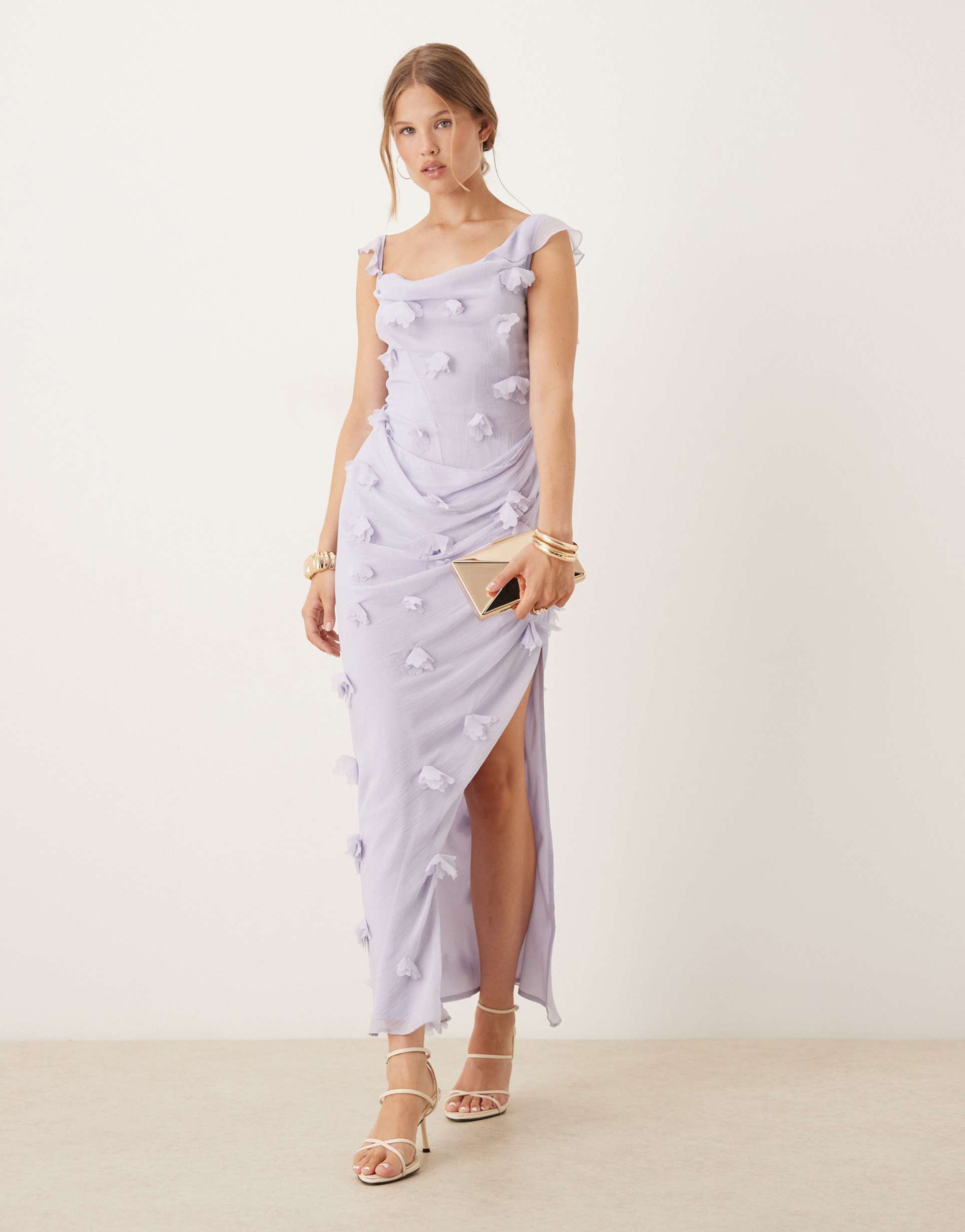 asos design 3d flower draped ruffle sleeve midaxi dress with open back in lilac