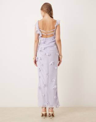 Asos Design 3d Flower Draped Ruffle Sleeve Midaxi Dress With Open Back In Burgundy