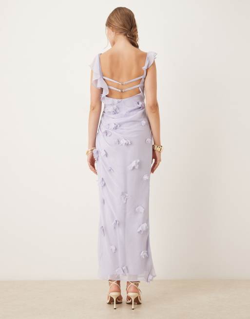 ASOS DESIGN 3D flower draped ruffle sleeve midaxi dress with open back in lilac