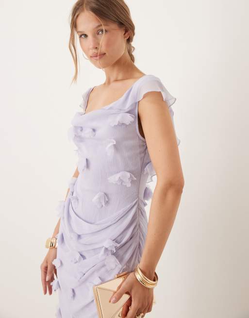 ASOS DESIGN 3D flower draped ruffle sleeve midaxi dress with open back in lilac
