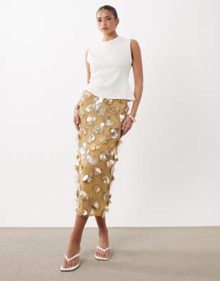 Asos Design 3d Flower Embellished Volume Midi Skirt In Gold