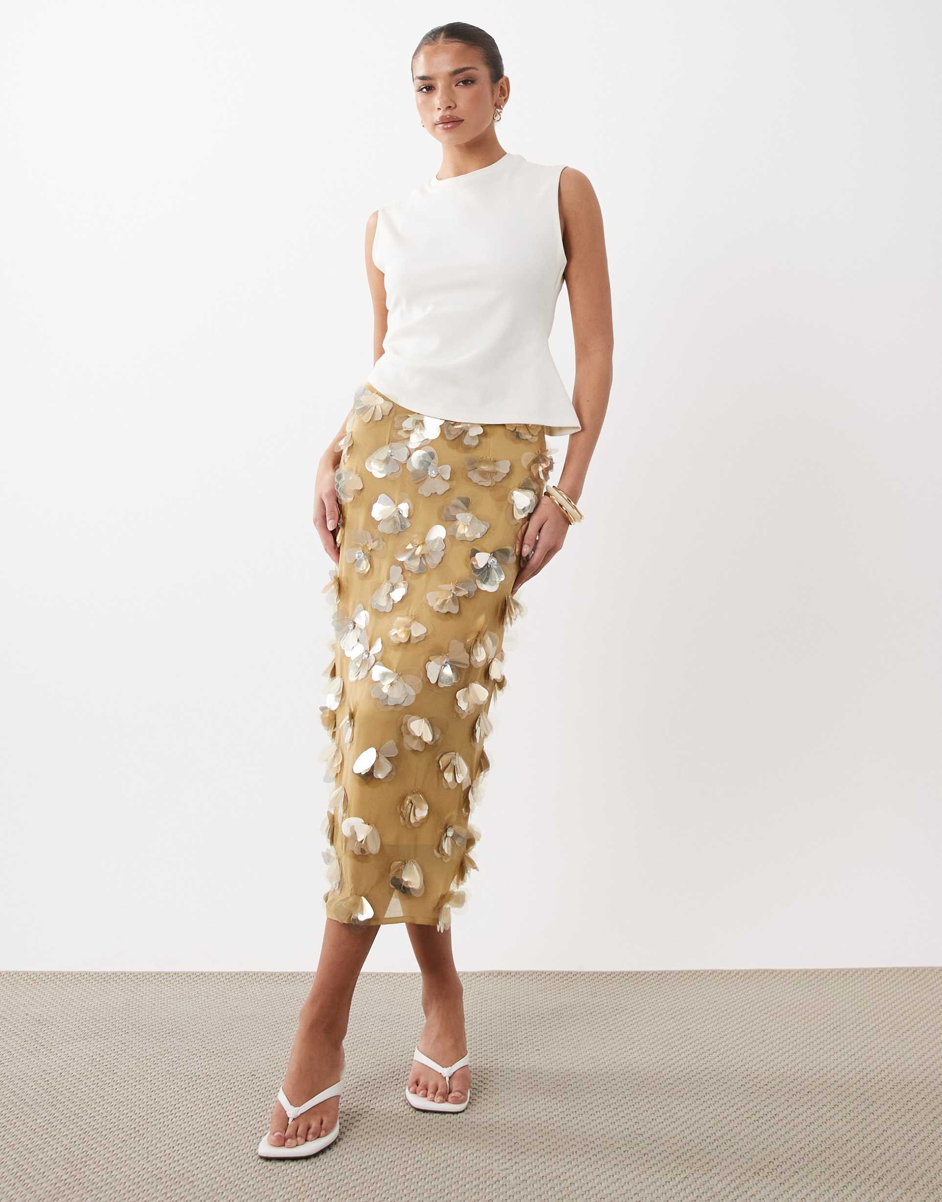 asos design 3d flower embellished volume midi skirt in gold