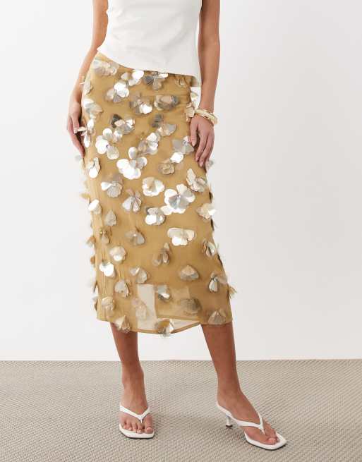 ASOS DESIGN 3D flower embellished volume midi skirt in gold, 2 of 5