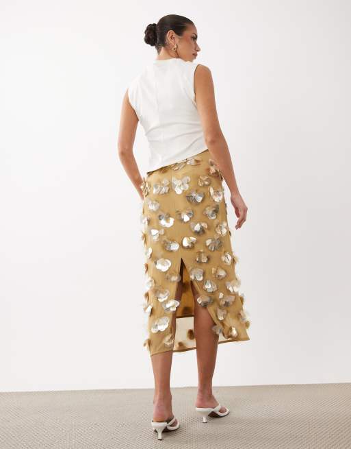 ASOS DESIGN 3D flower embellished volume midi skirt in gold, 3 of 5