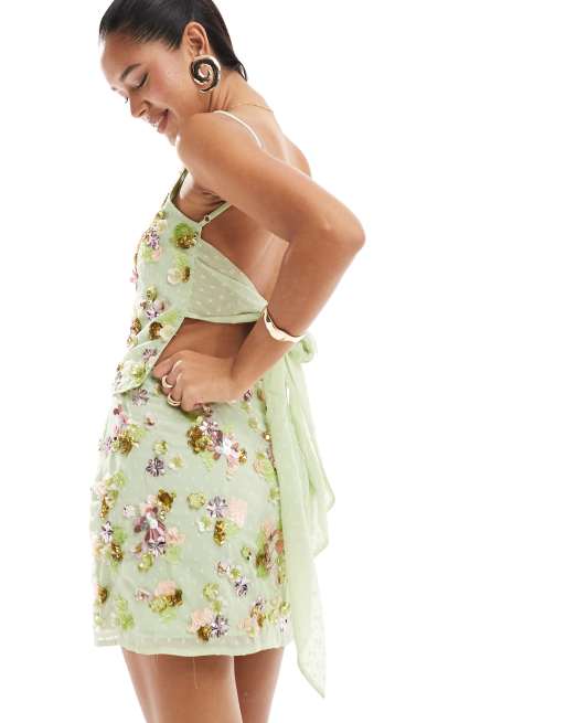 ASOS DESIGN 3D flower embellishment mini skirt in green, 4 of 5