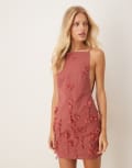 [ASOS DESIGN] ASOS DESIGN 3D flower high neck mini dress with plunge back in dark red 12 Dark red