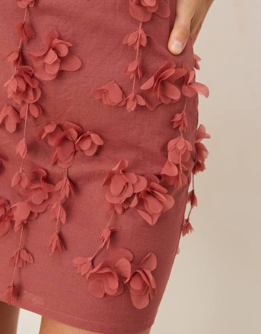 ASOS DESIGN 3D flower high neck mini dress with plunge back in dark red, 3 of 4