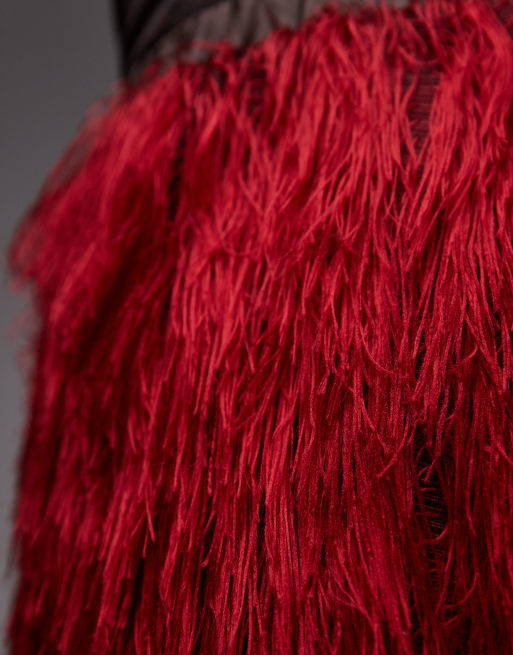 ASOS DESIGN 3D fringe midi pencil skirt in red