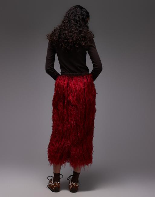 ASOS DESIGN 3D fringe midi pencil skirt in red