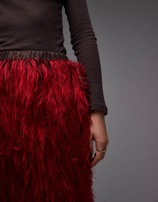 ASOS DESIGN 3D fringe midi pencil skirt in red