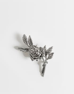 Asos Design 3d Rose And Leaf Brooch In Silver