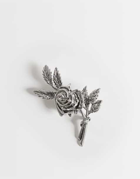ASOS DESIGN 3D rose and leaf brooch in burnished silver - view 1