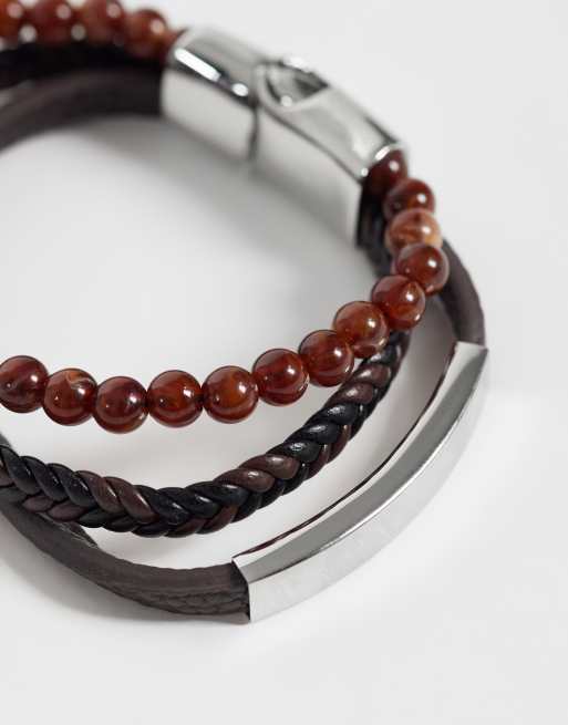 ASOS DESIGN 3er-Pack Armband mit Kunstlederriemen und braunen Halbedelsteinperlen in Schwarz, 2 von 3