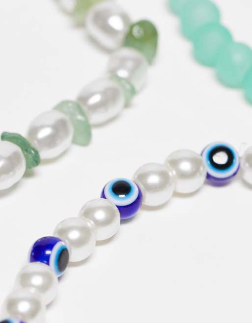 ASOS DESIGN – 3er-Pack Armbänder aus Kunstperlen in Blau und Grün mit Böser-Blick-Kügelchen , 4 von 4