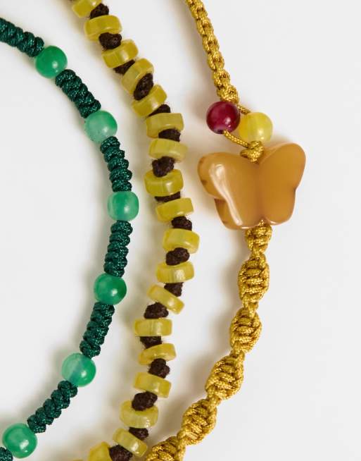 ASOS DESIGN – 3er-Pack Armbänder in Grün und Gelb mit Kordel und Halbedelsteinen