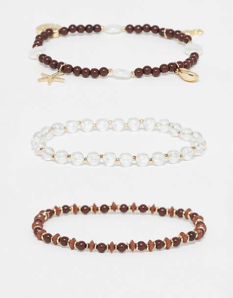 ASOS DESIGN – 3er-Pack Armbänder mit braunen Schmuckperlen und goldfarbenen Details - view 1