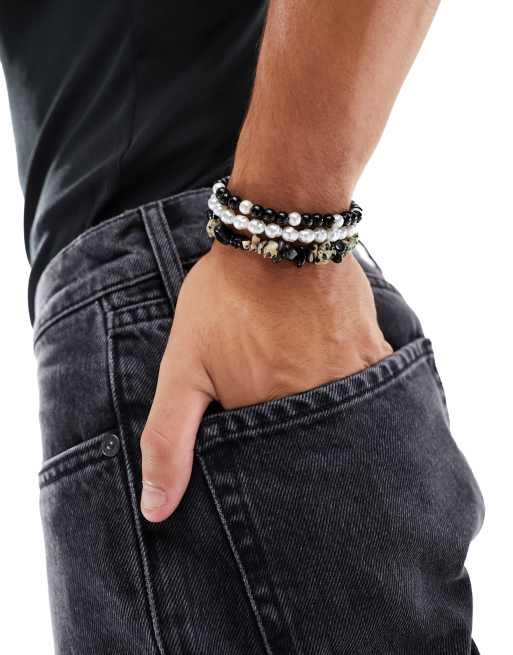 ASOS DESIGN – 3er-Pack Armbänder mit Kunst- und Splitterperlen in Schwarz und Weiß