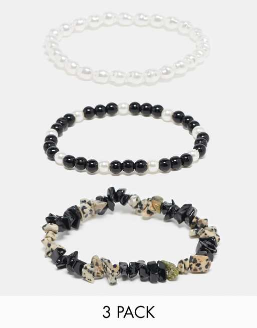 ASOS DESIGN – 3er-Pack Armbänder mit Kunst- und Splitterperlen in Schwarz und Weiß
