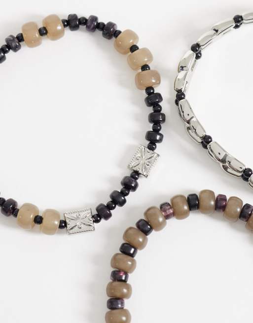 ASOS DESIGN – 3er-Pack Armbänder mit Perlen in Grau und elastischen Gliedern, 3 von 3