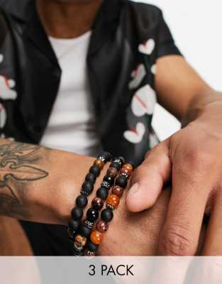 ASOS DESIGN – 3er-Pack Armbänder mit Zierperlen und Halbedelsteinen in Braun und Schwarz 