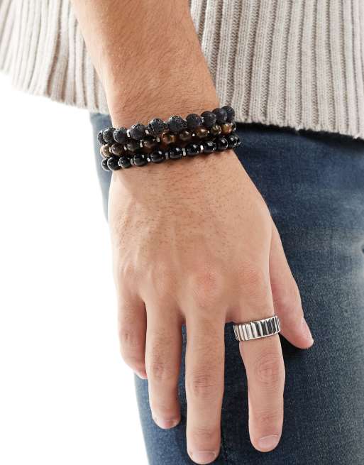 ASOS DESIGN – 3er-Pack Armbänder mit Zierperlen und Halbedelsteinen in Braun und Schwarz