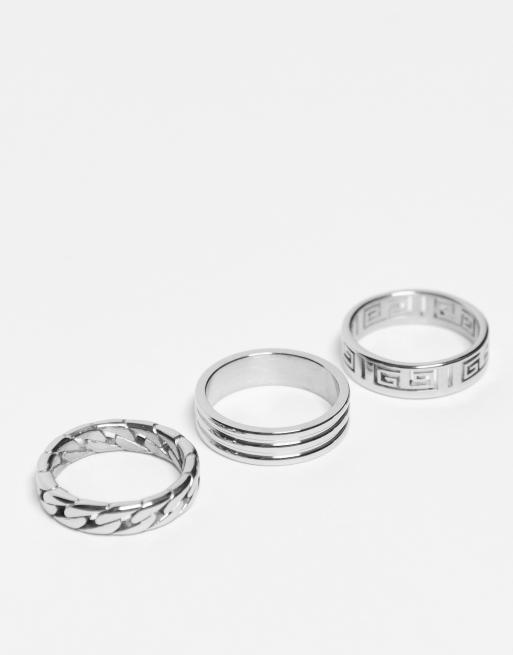 ASOS DESIGN – 3er-Pack Bandringe aus silberfarbenem, wasserfestem Edelstahl mit Details in Wellen- und Kordeloptik im griechischen Stil