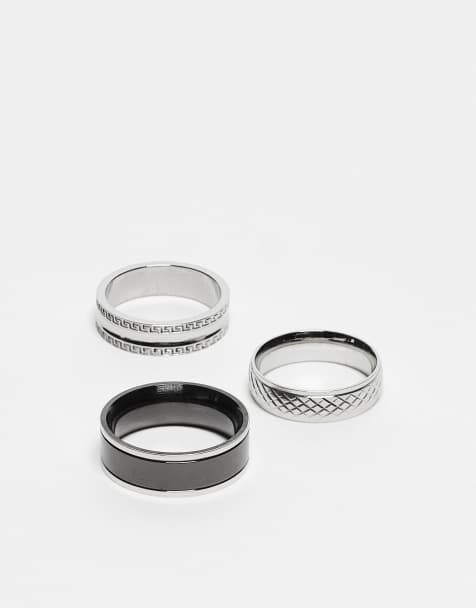 ASOS DESIGN – 3er-Pack Bandringe aus wasserfestem Edelstahl in Schwarz und Silberoptik mit Strukturmuster - view 1