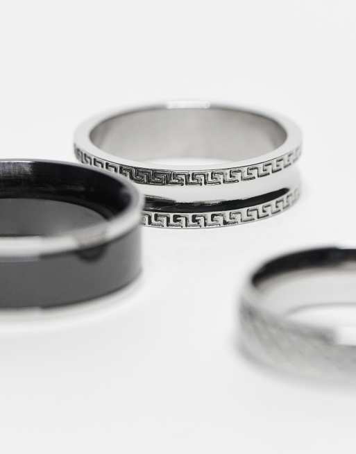 ASOS DESIGN – 3er-Pack Bandringe aus wasserfestem Edelstahl in Schwarz und Silberoptik mit Strukturmuster, 3 von 3