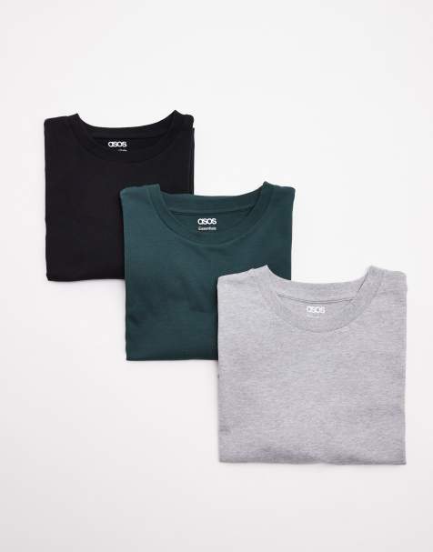 ASOS DESIGN – 3er-Pack Basic-T-Shirts in Schwarz, Grün und Grau mit Rundhalsausschnitt - view 1