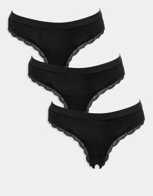 ASOS DESIGN - 3er-Pack brasilianische Slips aus Baumwolle und Spitze in Schwarz mit Bund