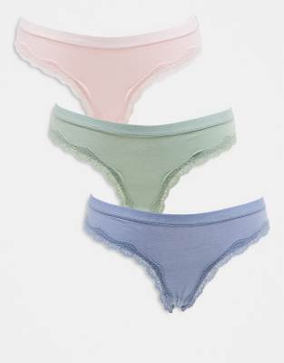 ASOS DESIGN - 3er-Pack brasilianische Slips aus Baumwolle und Spitze mit Bund in Salbeigrün, Babyrosa und Staubblau-Bunt