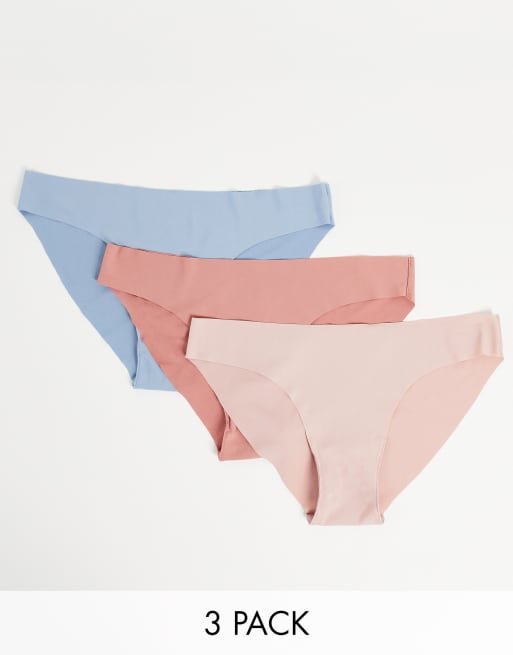 ASOS DESIGN – 3er-Pack brasilianische Slips in Blau, Rosa und Nerzrosa