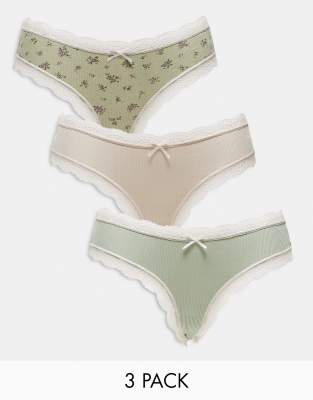 ASOS DESIGN - 3er-Pack brasilianische Slips in Haferbeige, Khaki und Blümchenmuster mit Spitzenborte-Bunt