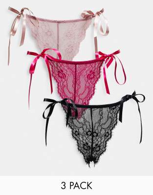 ASOS DESIGN - 3er-Pack brasilianische Slips in Schwarz, Rosa und Rot mit seitlicher Schnürung-Bunt