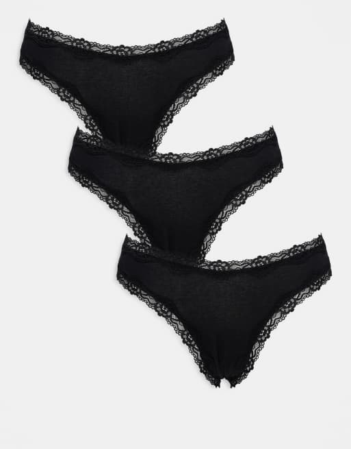 ASOS DESIGN – 3er-Pack Brazilian-Slips in Schwarz mit Spitzenborte
