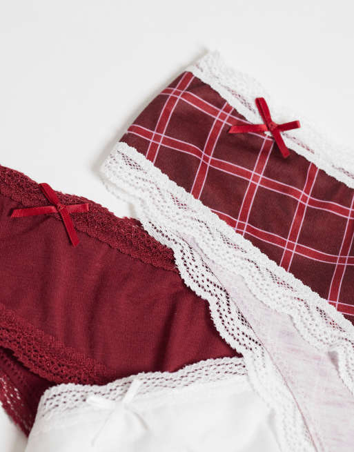 ASOS DESIGN 3er-Pack Christmas Baumwoll-Brazilian mit Schleifen in Rot, Tartan und Weiß, 3 von 3