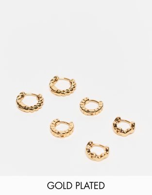 ASOS DESIGN - 3er-Pack Creolen mit 14-Karat-Vergoldung, Scharnierverschluss und verschiedenen Designs-Goldfarben