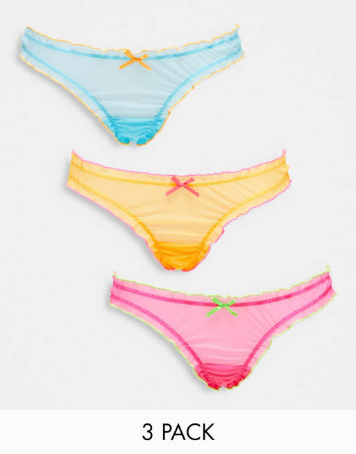 ASOS DESIGN – 3er-Pack geraffte Tangas aus Mesh in leuchtenden Farbtönen
