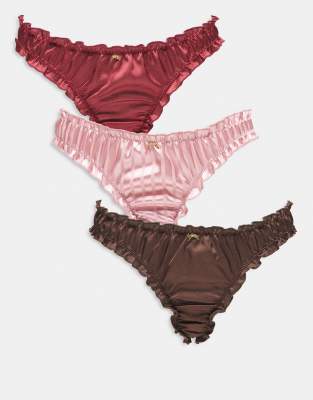 ASOS DESIGN - 3er-Pack geraffte Tangas aus Satin in Burgunderrot, Schokobraun und Rosa gestreift mit goldfarbener Schlei...