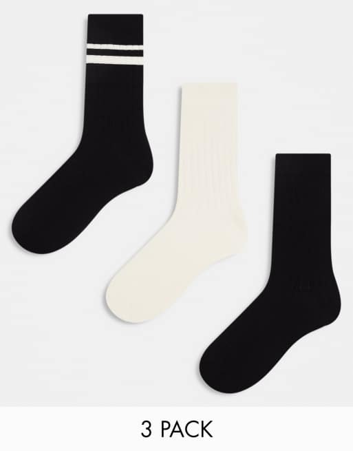 ASOS DESIGN – 3er-Pack gerippte, knöchelhohe Socken in Schwarz und Ecru mit Streifen