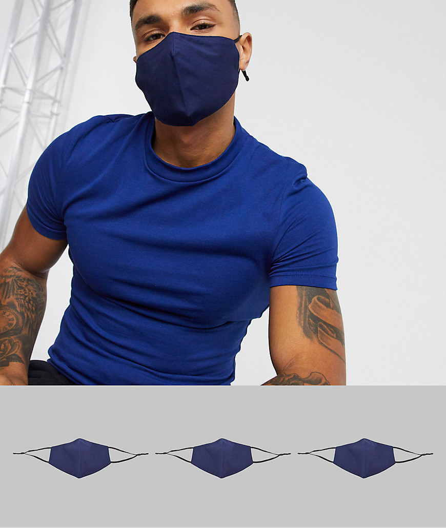 ASOS DESIGN – 3er-Pack Gesichtsmaske mit verstellbaren Bändern und Nasenbügel in Marineblau