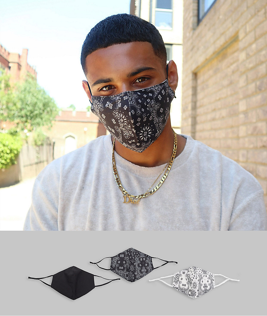 ASOS DESIGN – 3er-Pack Gesichtsmasken mit verstellbaren Bändern und biegsamem Nasenbügel in schwarzweißem Bandana-Muster
