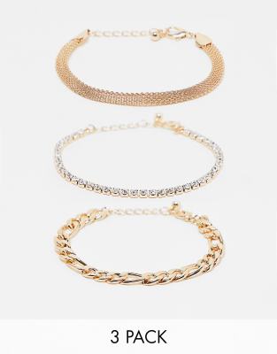 ASOS DESIGN -3er-Pack goldfarbene Armbänder in verschiedenen Kettendesigns und mit Kristallsteinen