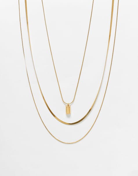 ASOS DESIGN – 3er-Pack goldfarbene Halsketten aus wasserfestem Edelstahl mit rechteckigem Anhänger - view 1