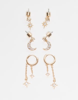 ASOS DESIGN - 3er-Pack goldfarbene Ohrringe im Himmelskörper-Design mit Zirkonia-Schmucksteinen und Geschenktasche
