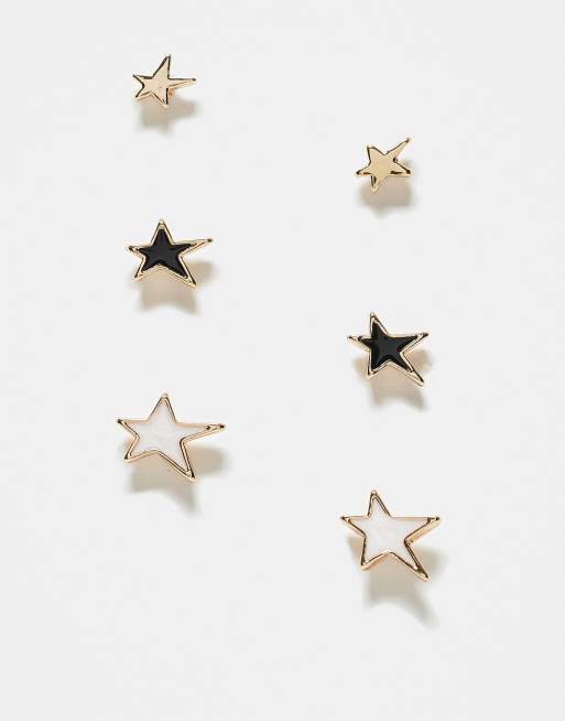 ASOS DESIGN – 3er-Pack goldfarbene Ohrstecker im Stern-Design mit Kunstperlen und schwarzer Emaille