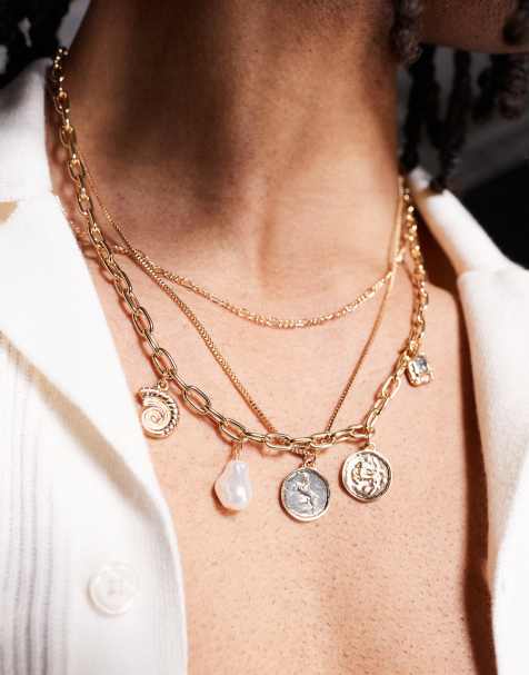 ASOS DESIGN – 3er-Pack Halsketten in Gold mit mehreren Anhängern - view 1