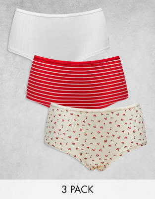 ASOS DESIGN - 3er-Pack Hipster-Shorts in Rot gestreift, aus weißer Pointelle und mit Kirsch-Print-Bunt